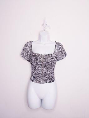 Elodie Zebra Print Crop Top Women's Size Extra Small Puff Sleeves Black & White